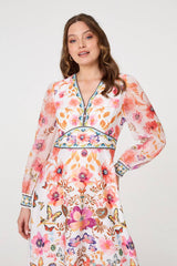 Border Print Empire Kimono Maxi Dress