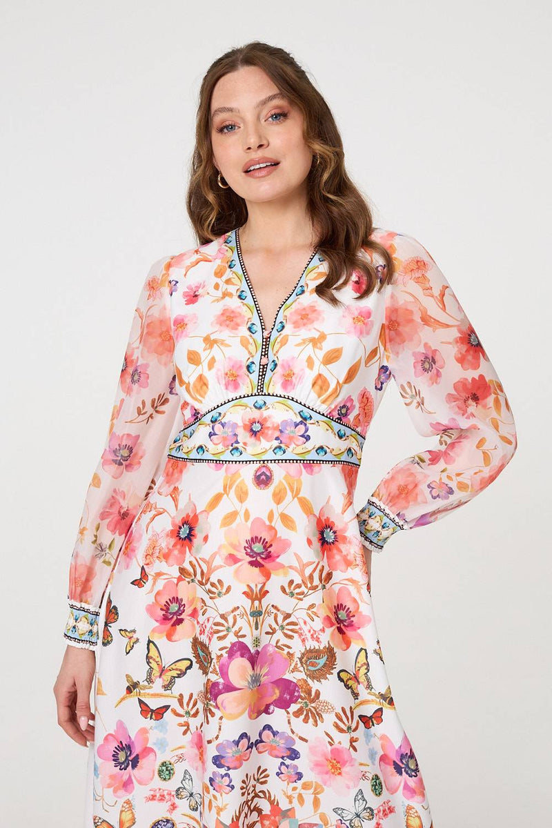 Border Print Empire Kimono Maxi Dress