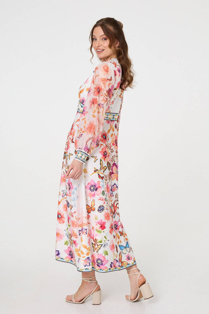 Border Print Empire Kimono Maxi Dress