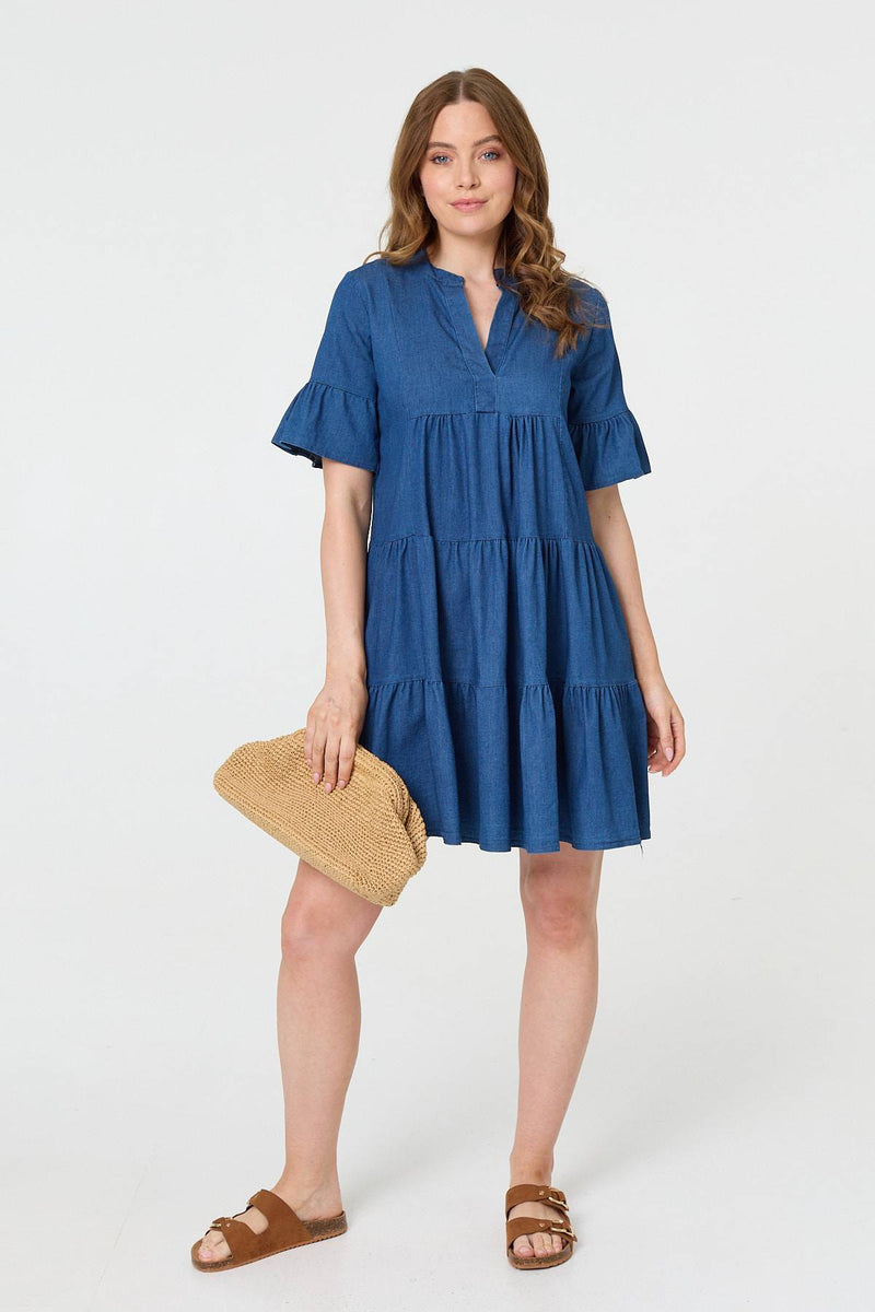 Flared 1/2 Sleeve Tiered Midi Dress