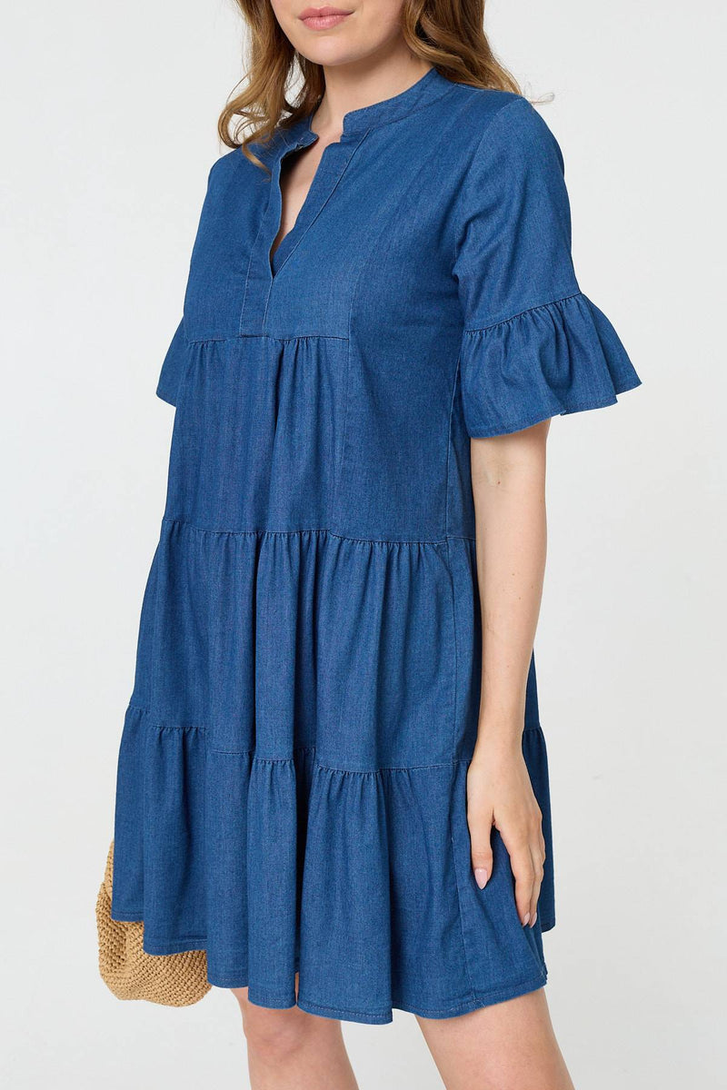 Flared 1/2 Sleeve Tiered Midi Dress