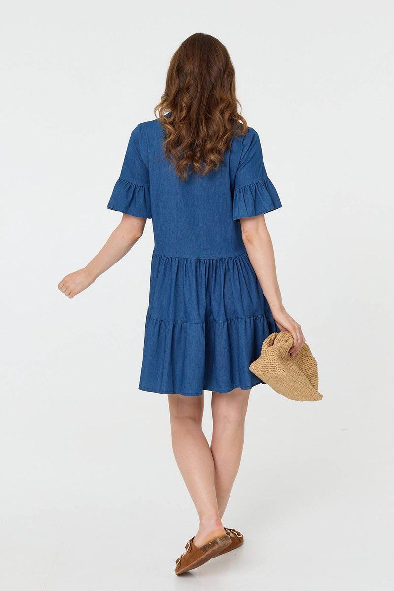 Flared 1/2 Sleeve Tiered Midi Dress