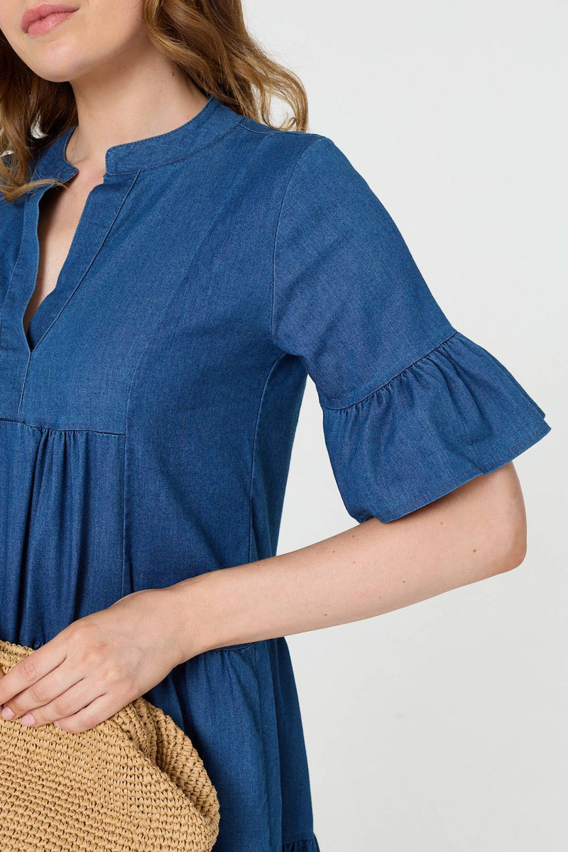 Flared 1/2 Sleeve Tiered Midi Dress