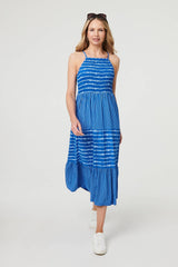 Striped Ruched Texture Tiered Midi Dress