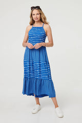 Striped Ruched Texture Tiered Midi Dress