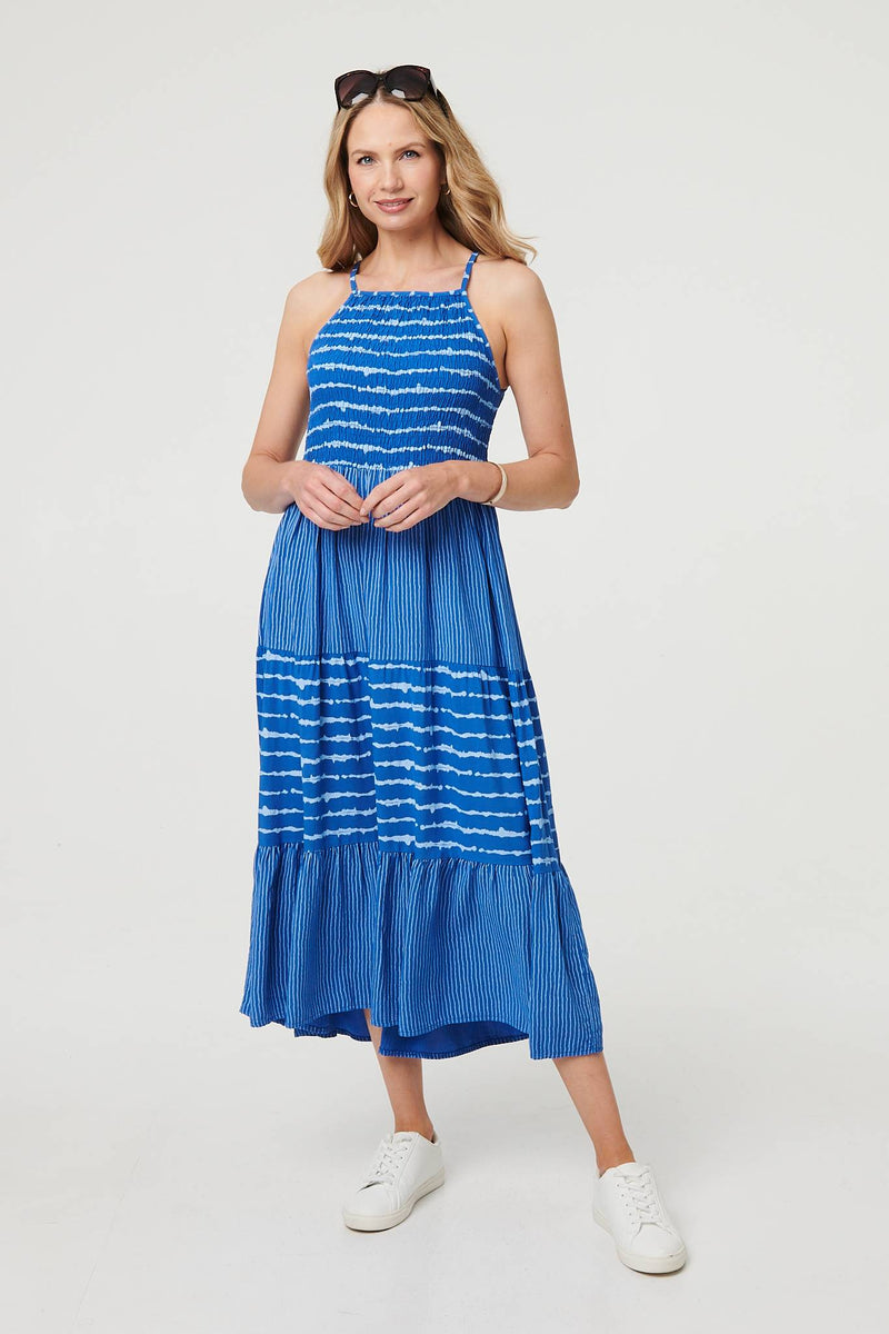 Striped Ruched Texture Tiered Midi Dress