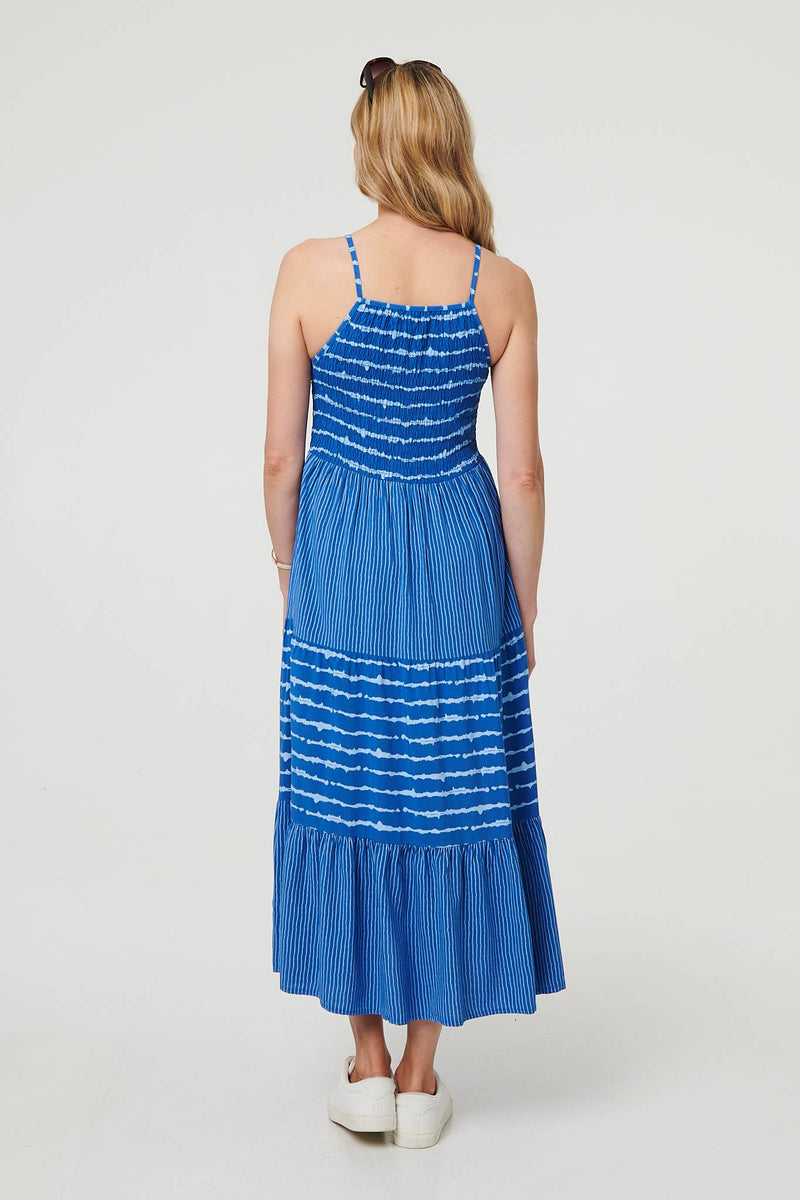Striped Ruched Texture Tiered Midi Dress