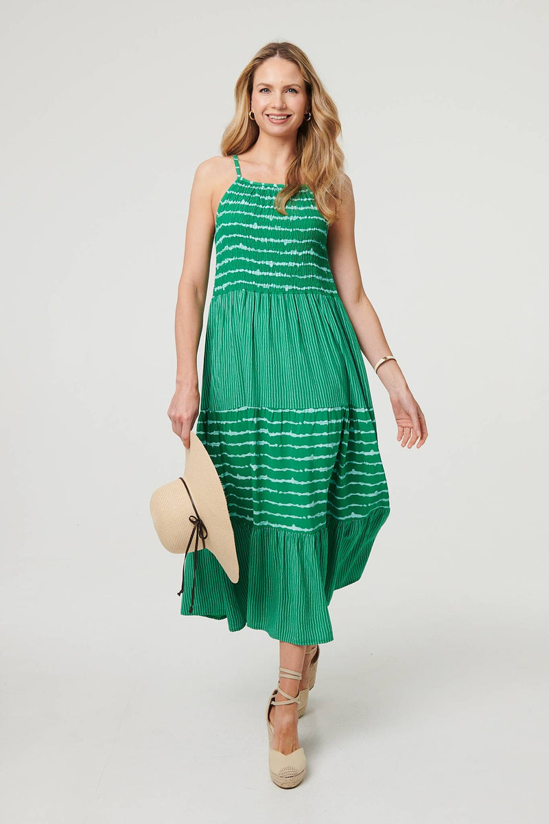 Striped Ruched Texture Tiered Midi Dress