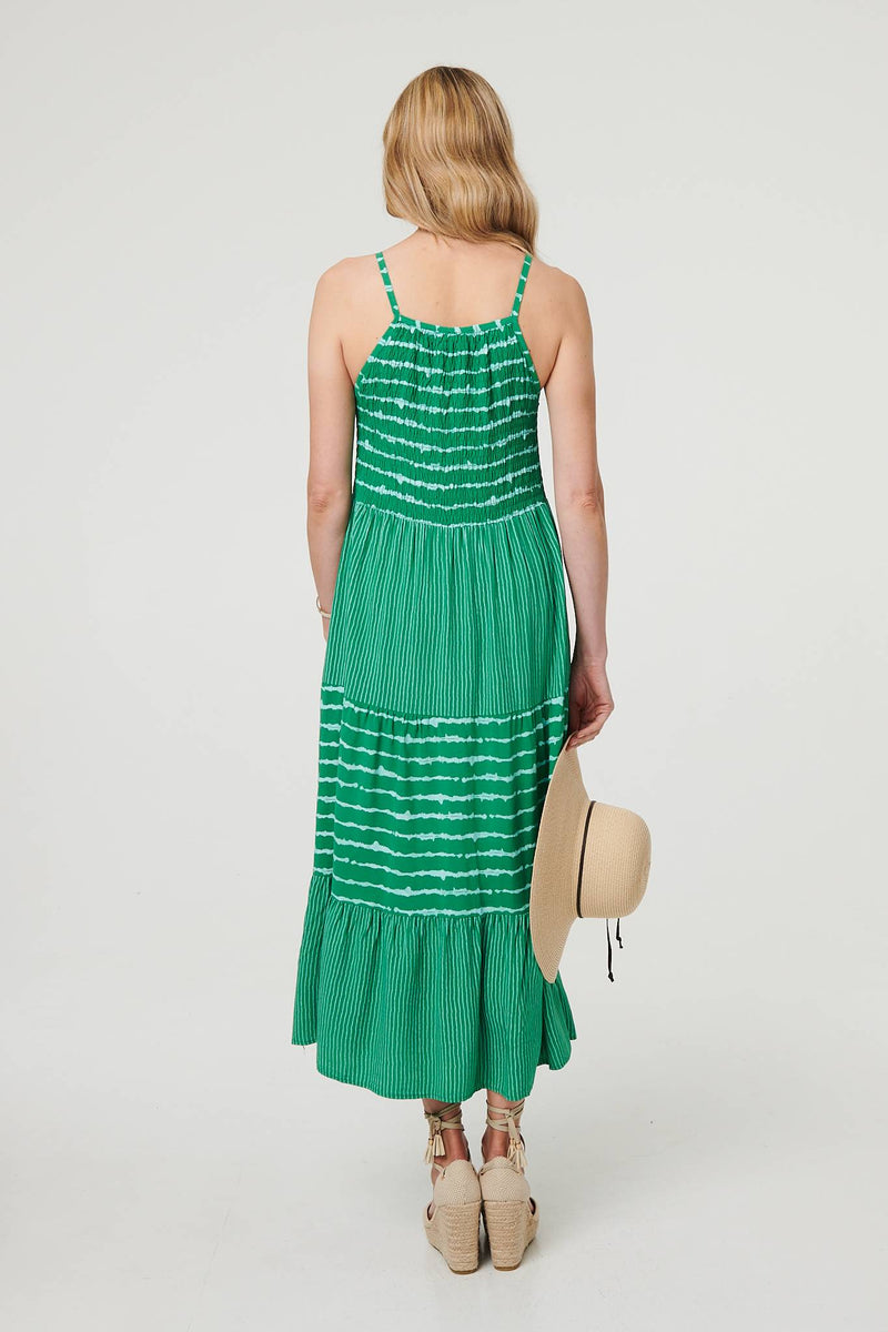 Striped Ruched Texture Tiered Midi Dress