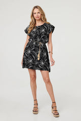 Floral Cap Sleeve Tie Waist Mini Dress