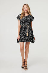 Floral Cap Sleeve Tie Waist Mini Dress