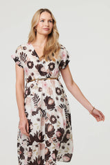 Floral Cap Sleeve Belted Wrap Midi Dress