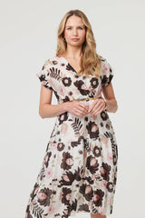 Floral Cap Sleeve Belted Wrap Midi Dress