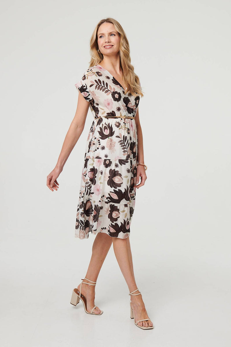 Floral Cap Sleeve Belted Wrap Midi Dress
