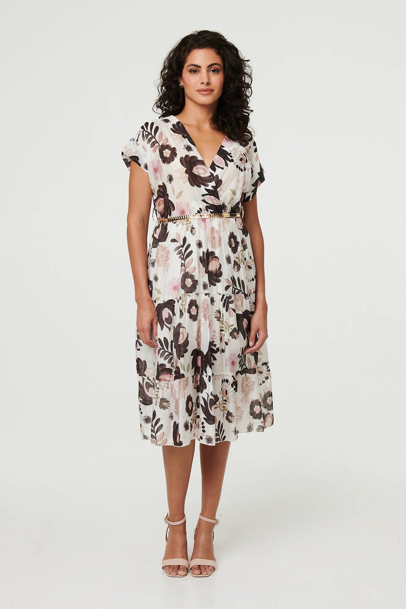 Floral Cap Sleeve Belted Wrap Midi Dress