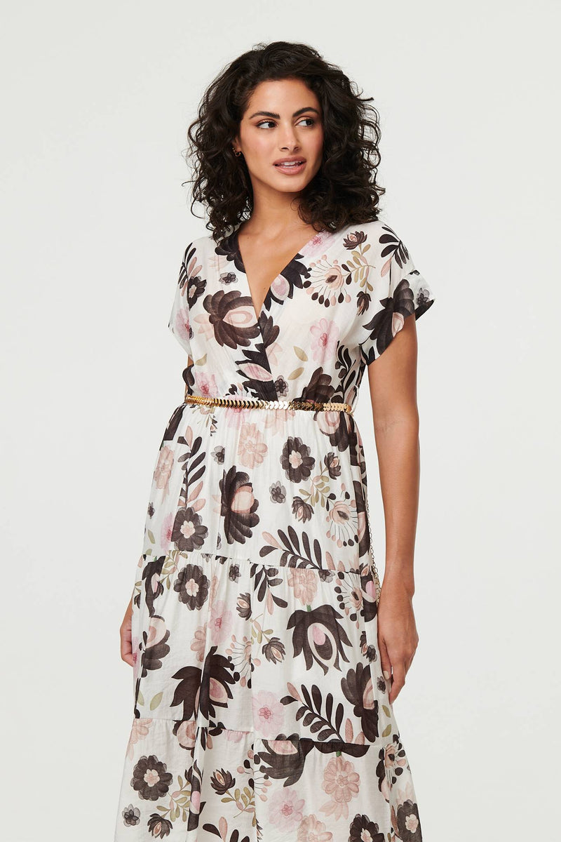 Floral Cap Sleeve Belted Wrap Midi Dress