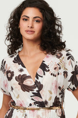 Floral Cap Sleeve Belted Wrap Midi Dress