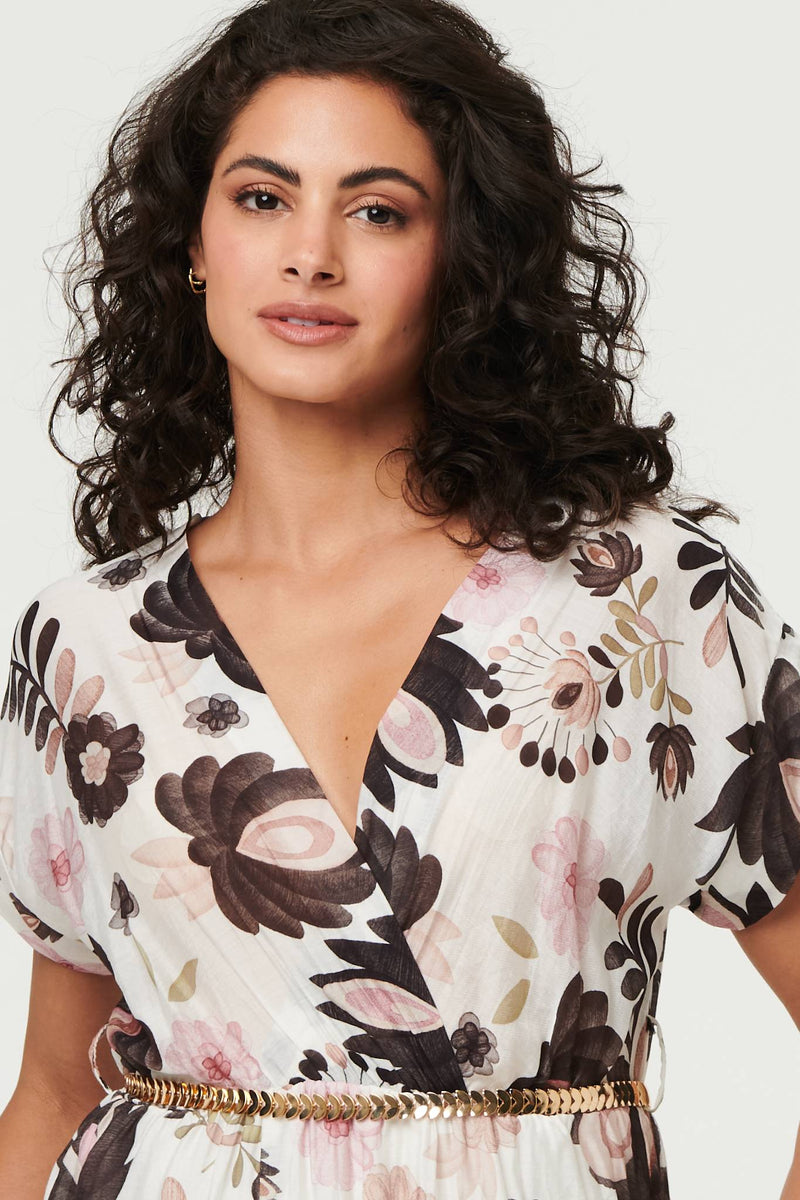 Floral Cap Sleeve Belted Wrap Midi Dress