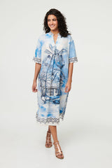 Abstract 1/2 Sleeve Midi Shift Dress