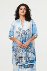Abstract 1/2 Sleeve Midi Shift Dress