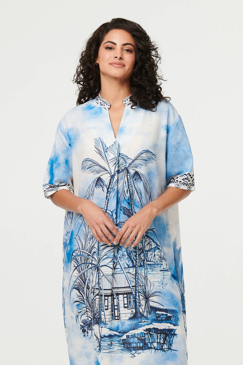 Abstract 1/2 Sleeve Midi Shift Dress