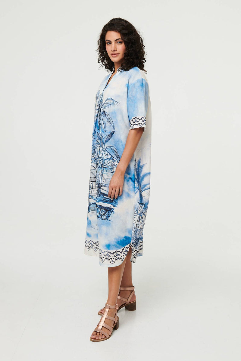 Abstract 1/2 Sleeve Midi Shift Dress