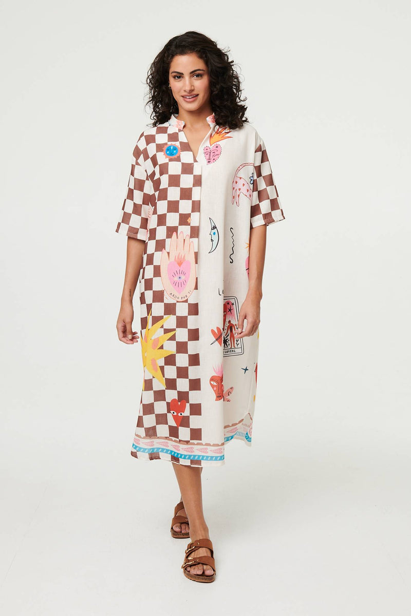Abstract 1/2 Sleeve Midi Shift Dress