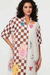 Abstract 1/2 Sleeve Midi Shift Dress