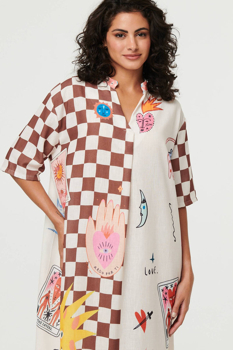 Abstract 1/2 Sleeve Midi Shift Dress