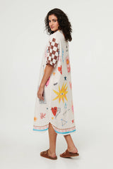 Abstract 1/2 Sleeve Midi Shift Dress