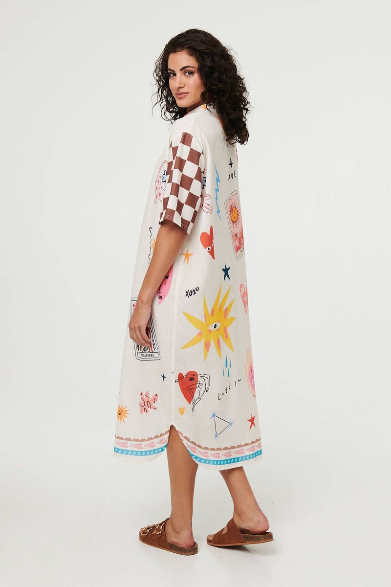 Abstract 1/2 Sleeve Midi Shift Dress