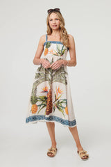 Tropical Print Sleeveless Midi Dress