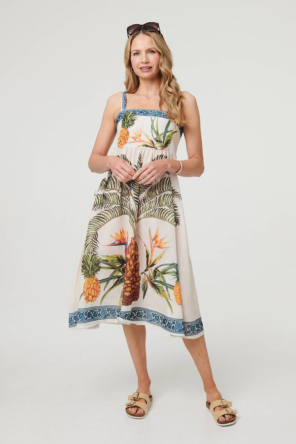 Tropical Print Sleeveless Midi Dress