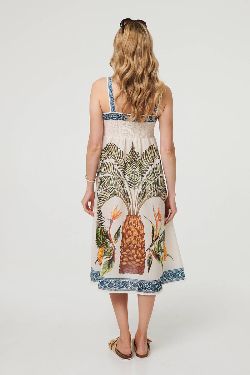 Tropical Print Sleeveless Midi Dress