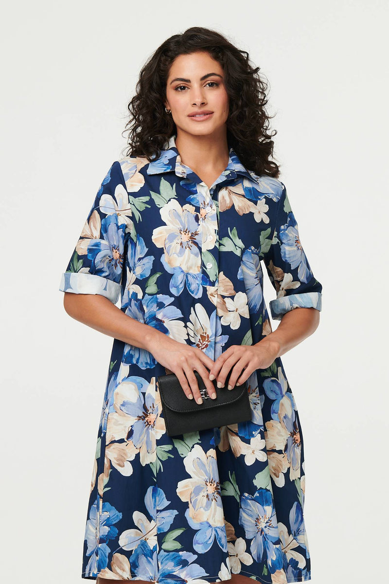 Floral Oversized Knee Length Shirt Dress