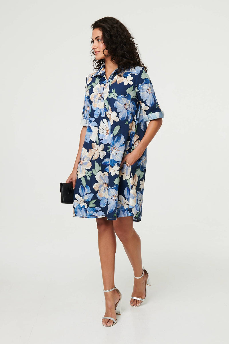 Floral Oversized Knee Length Shirt Dress
