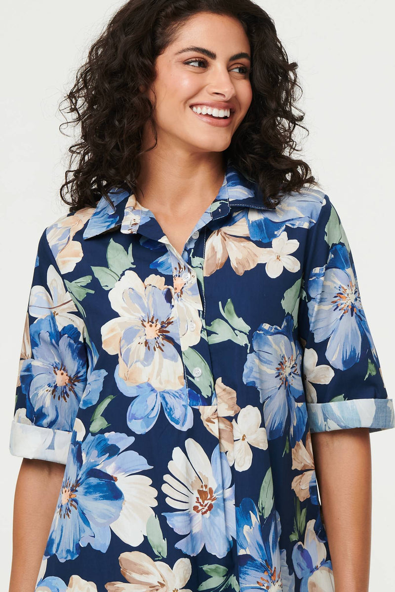 Floral Oversized Knee Length Shirt Dress