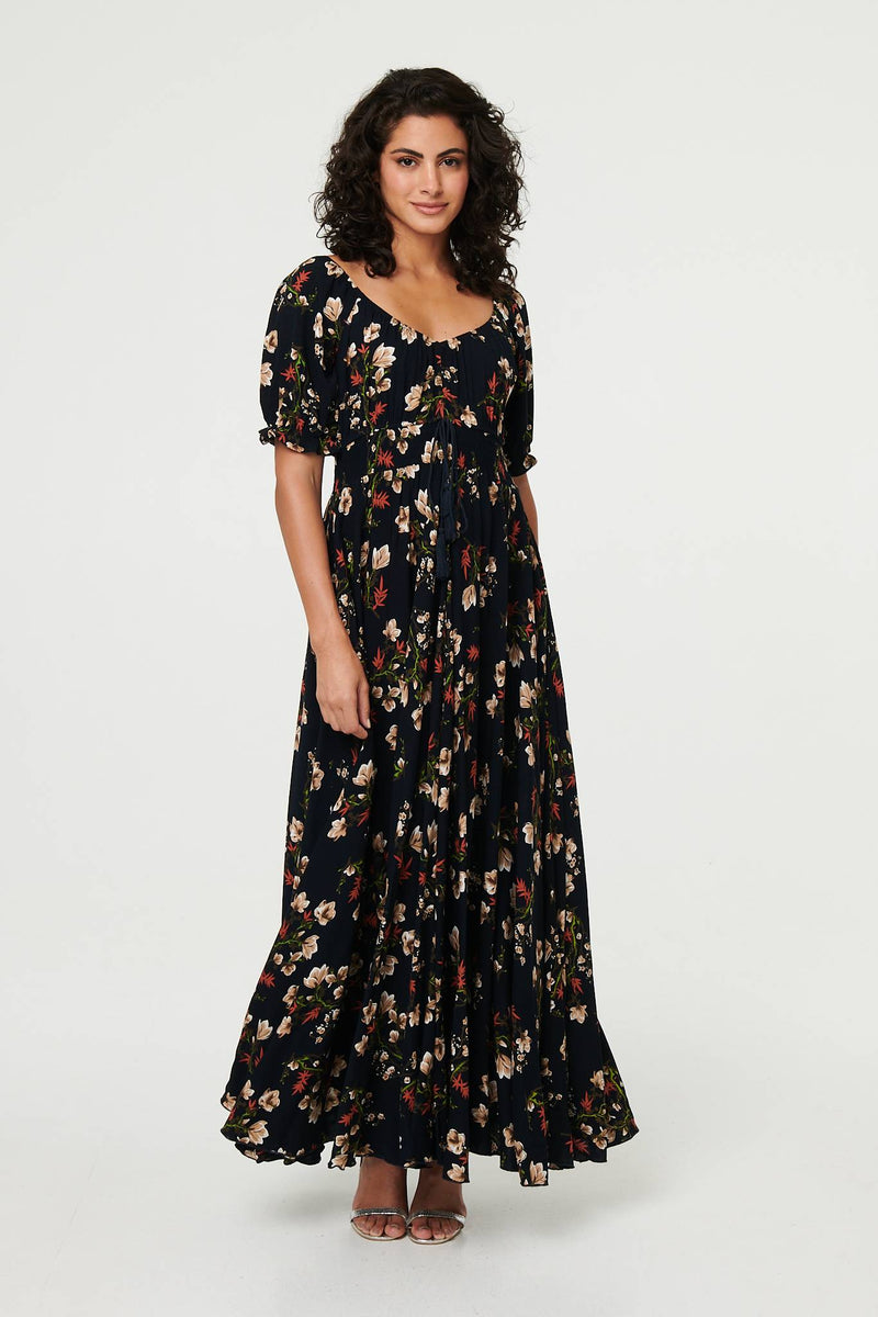 Floral Bardot Shirred Empire Maxi Dress