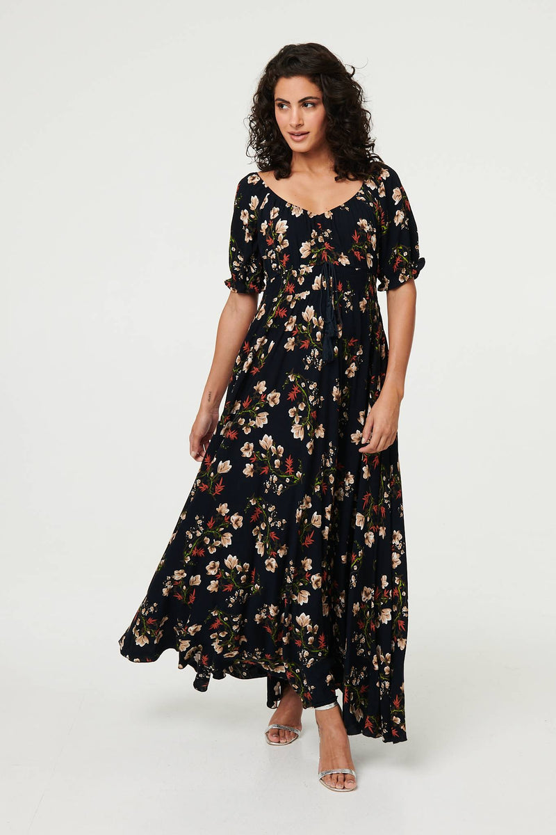 Floral Bardot Shirred Empire Maxi Dress