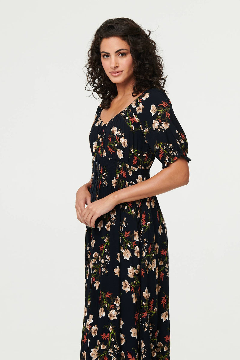 Floral Bardot Shirred Empire Maxi Dress