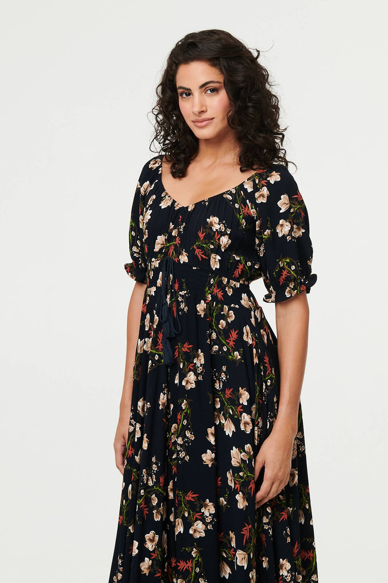 Floral Bardot Shirred Empire Maxi Dress