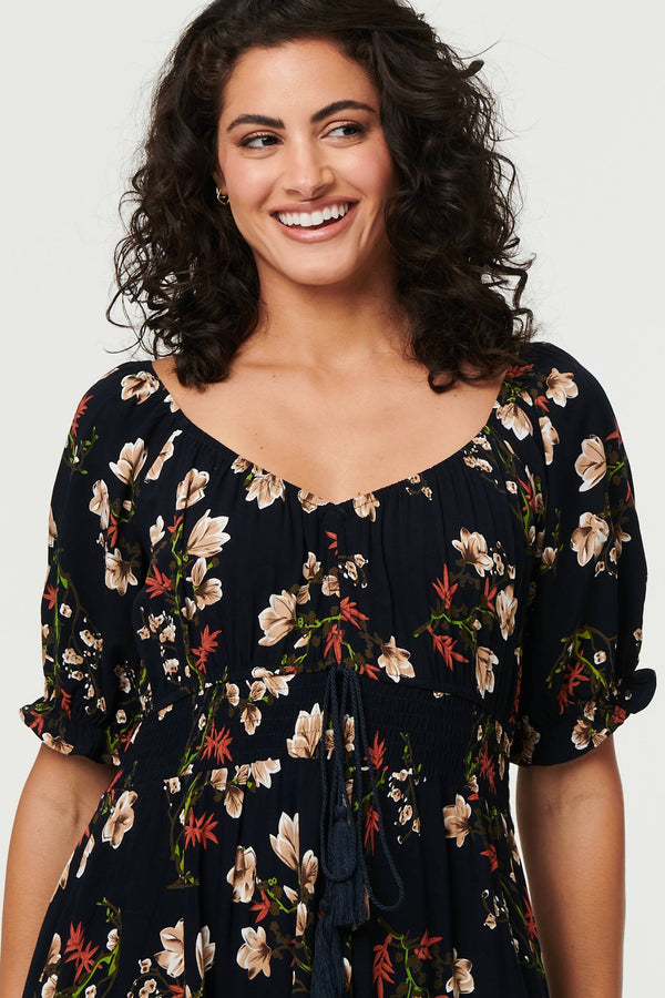 Floral Bardot Shirred Empire Maxi Dress