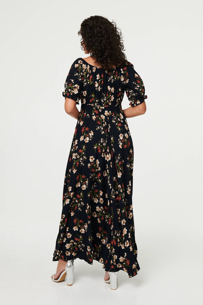 Floral Bardot Shirred Empire Maxi Dress