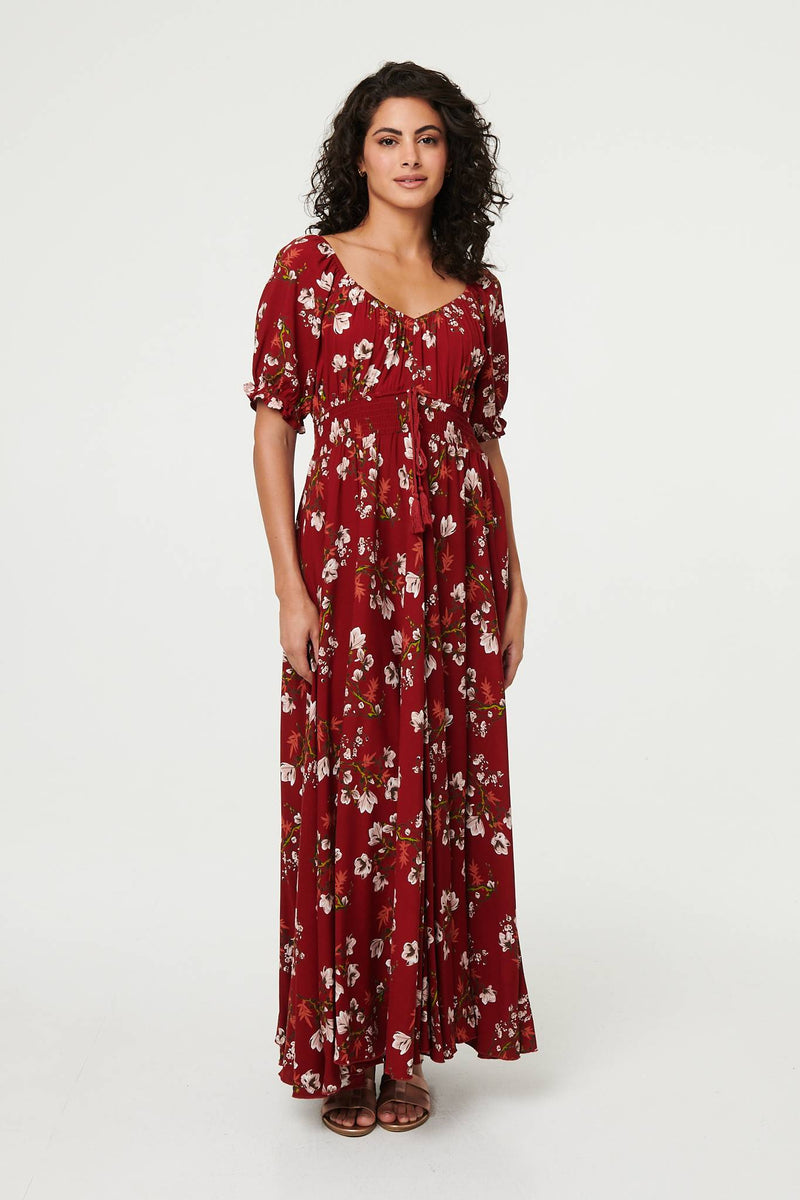 Floral Bardot Shirred Empire Maxi Dress