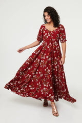 Floral Bardot Shirred Empire Maxi Dress