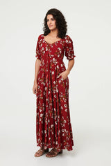 Floral Bardot Shirred Empire Maxi Dress