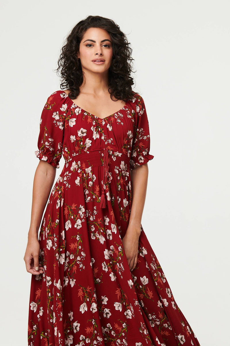 Floral Bardot Shirred Empire Maxi Dress