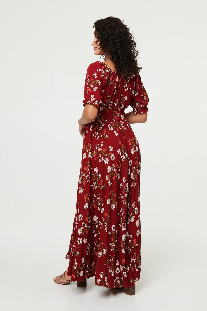 Floral Bardot Shirred Empire Maxi Dress