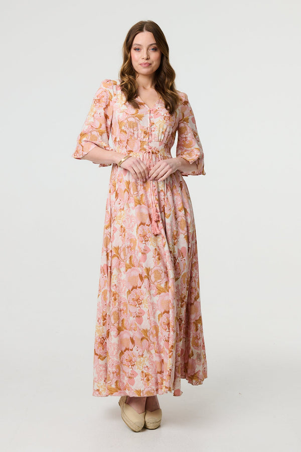 Floral 3/4 Flare Sleeve Smock Maxi Dress