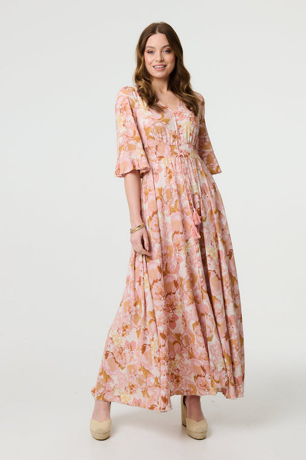 Floral 3/4 Flare Sleeve Smock Maxi Dress